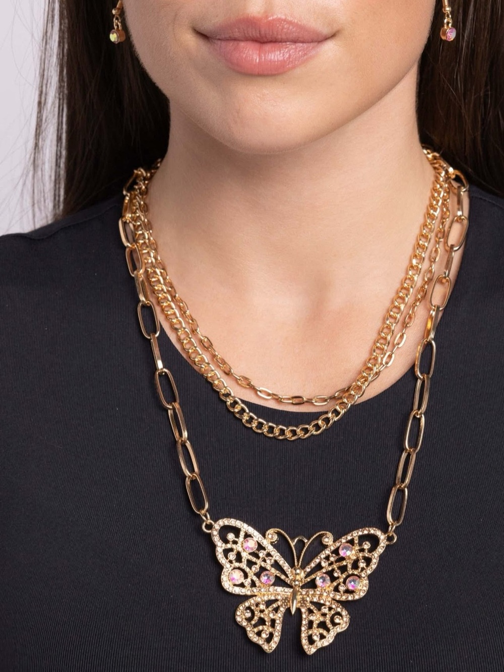 paparazzi Gold Layered Chain Necklace with Pink Crystal Butterfly